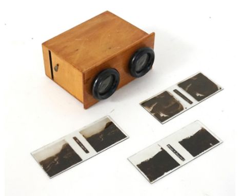 VINTAGE WALNUT STEREOSCOPIC VIEWER
with a selection of glass viewing slides of Lourdes