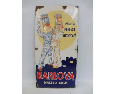 A Barlova Malted Milk pictorial enamel sign, depicting two children ready for bed, 12 x 24".