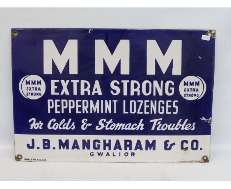 A Continental made rectangular enamel sign advertising M M M extra strong peppermint lozenges, 17 3/4 x 12".
