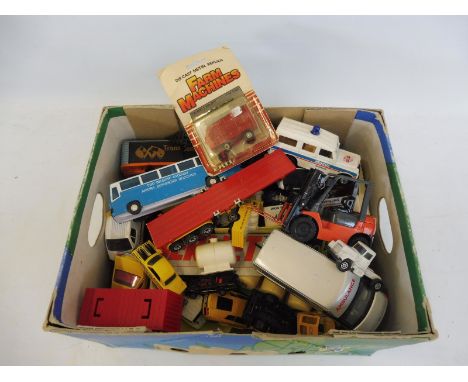 A small box of playworn die-cast vehicles, many genres and scales.