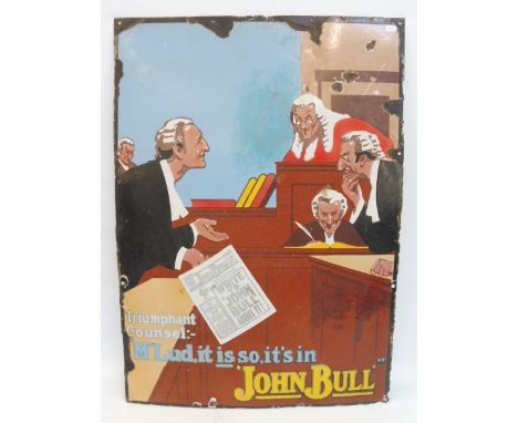 A John Bull newspapers pictorial enamel sign, with one spot retouched to the light blue, 20 x 28".