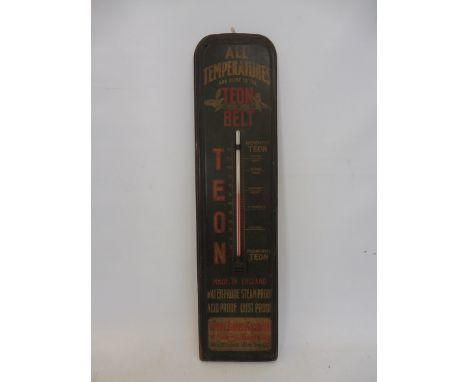 An unusual and early Teon Belt by Fleming, Birkby &amp; Goodall Ld tin fronted thermometer mounted on a board, 4 3/4 x 19 1/4