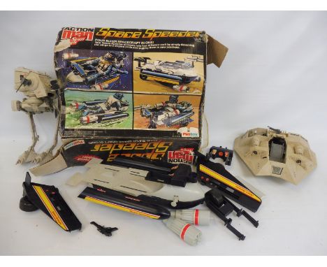 A 1980s Action Man Space Speeder, with an average box and two Star Wars vehicles, unchecked.
