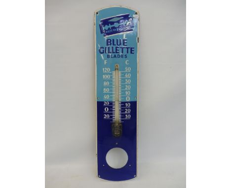 A Blue Gillette Blades enamel thermometer, the enamel in excellent condition, thermometer tube cracked, missing barometer, 6 