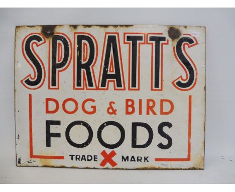A Spratt's Dog and Bird Foods double sided enamel sign by Wood &amp; Penfold, probably missing hanging flange, 16 x 12".
