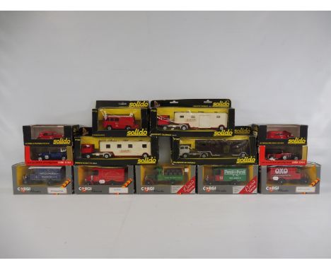 Seven boxed Solido models to include large transport trucks, plus five Corgi Classics 1:43rd scale including Mack truck.