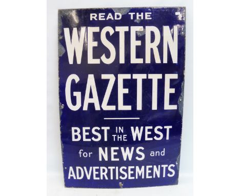 A Western Gazette 'Best in the West for News and Advertisements' rectangular enamel sign, 20 x 30".