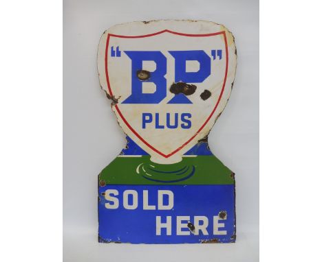 A BP Plus Sold Here die-cut petrol pump globe double sided enamel sign, 20 x 31 3/4". 