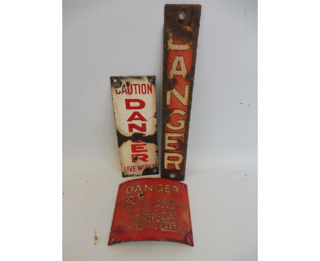 A small red and white curved enamel 'Danger' post sign, 5 1/4 x 4 1/2" plus two small rectangular 'Danger' enamel signs.