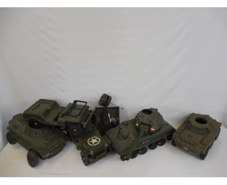 A quantity of Action Man vehicles, 1970s, to include tank, Willys Jeeps and others.