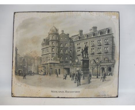 An early Midland Railways black and white enamel sign depicting Bradford railway station, several spots retouched, 19 x 15 1/