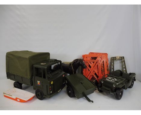 A quantity of Action Man vehicles and accessories to include Willys Jeep and trailer, truck with tilt and a ceremonial  horse
