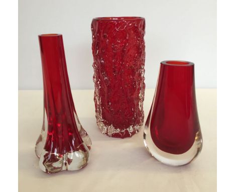 3 Whitefriars ruby glass vases: 1) Bark vase 19cm tall. 2) Elephant foot vase 17.5cm tall. 3) Teardrop vase 14cm tall.