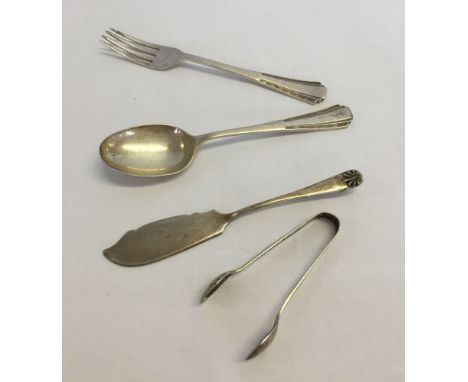 A childs HM silver fork & spoon with Deco style handle Sheffield 1943 together with a small pair of sugar tongs and a small b