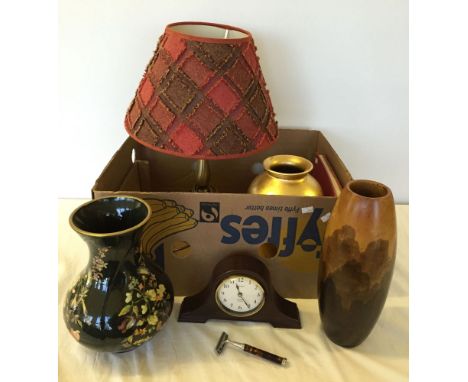 A box of assorted items to include vases, a table lamp, a Metamec clock and a stamp album.