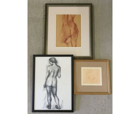 A signed pastel of a nude (24 x 18cm), together with a nude etching by TM Fairbank (12 x 14cm) and a nude print (35 x 24cm).
