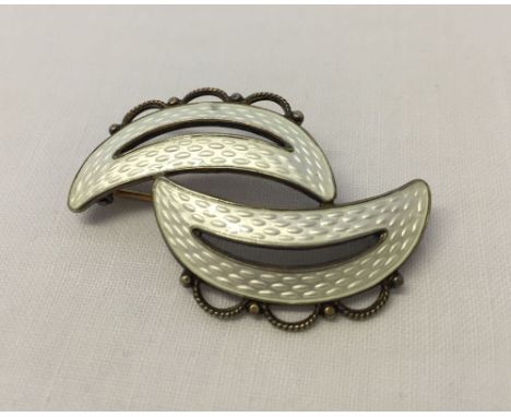 Double crescent Norwegian silver brooch with white guilloche patterned enamel - by Arne Nordlie, Oslo, c1950/60s.