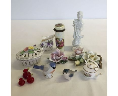 A box of small ceramics to include 2 USSR birds, Capodimonte items and a minature Spode teapot.