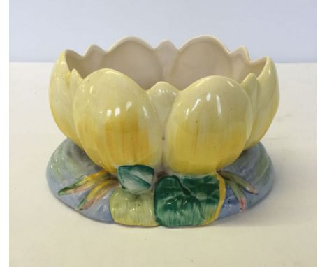Clarice Cliff Newport Pottery yellow lily planter, 12cm tall, 22cm long & 17cm wide.