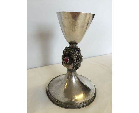 An Arts & Crafts pewter chalice set with enamel cabuchons c1910. Vendor advises made by her grandfather 'Fred Smith RCA, Prin