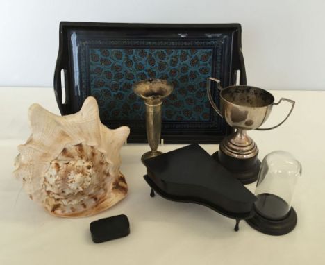 Tray of Victoriana including large conch shell, snuff box, ebony piano shaped jewellery box.