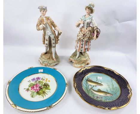 A SPODE cabinet plate, decorated with trout, signed Casewell; another plate and a pair of continental figures, 28cm 