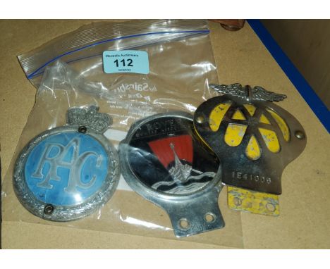 Three vintage car badges:&nbsp; AA; RAC &amp; Rover 