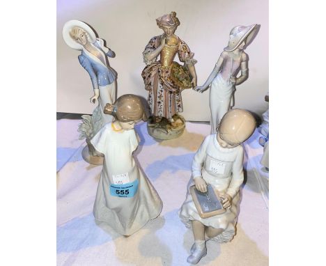 Two Nao figures of girls; 2 similar unmarked figures; a 19th century figure with basket of flowers (hand a.f.) 