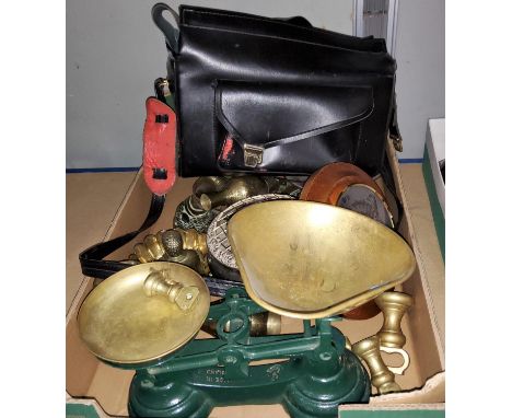 A vintage set of scales, a selection of brassware, a vintage Yashica SLR camera 
