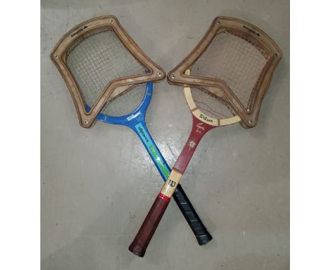 A vintage Wilson Capri wooden tennis racket in press and a Wilson Sovereign tennis racket with press