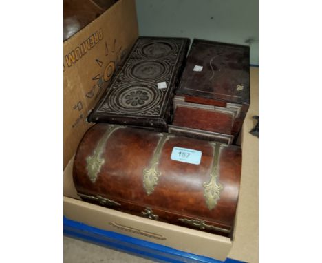 A Victorian walnut tea caddy with 2 divisions, domed top and brass fittings; another similar; 2 butter boxes 