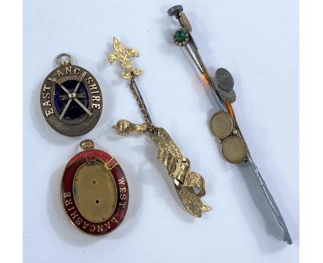 An unusual Victorian gilt metal cloak pin; various hat pins, a&nbsp;hallmarked silver Masonic locket "East Lancashire," etc. 