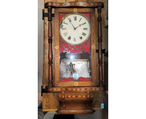 A marquetry cased American wall clock with bell chime (in need of some care and attention) 