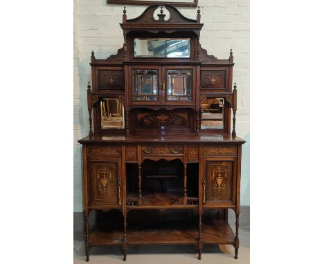 An Edwardian rosewood full height side cabinet with mirror back in the Sheraton style, extensive classical and floral marquet