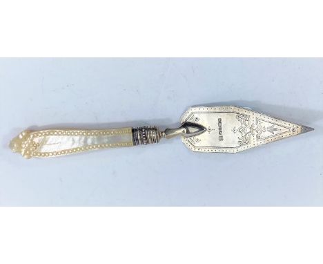 A hall marked silver and mother of pearl handled presentation trowel Sheffield 1878 length 19cm 