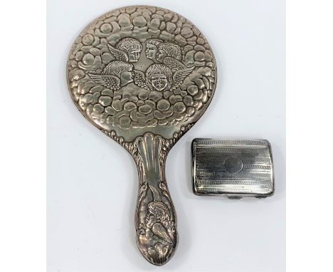 A silver back hand mirror with embossed cherubs, Chester 1901; an engine turned cigarette case, Birmingham 1922, 2 oz 