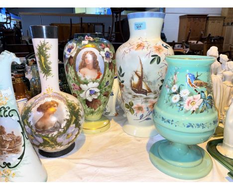 A Victorian opal glass vase decorated in polychrome with a young woman in cartouches; 4 similar vases 