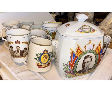 A G VI commemorative tea caddy; Royal Commemorative mugs and china 