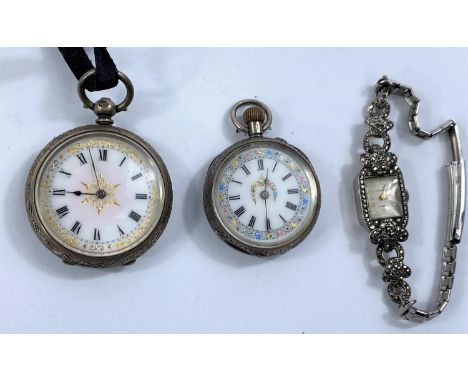 2 Edwardian open faced keyless fob watches in chased white metal cases, with painted enamel dials; a marcasite set, ladies ar