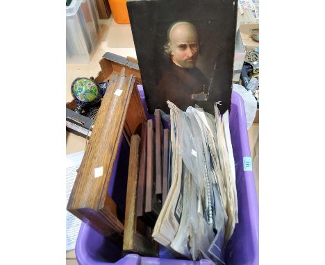 A 19th century oil portrait on canvas (a.f.); various frames and ephemera 
