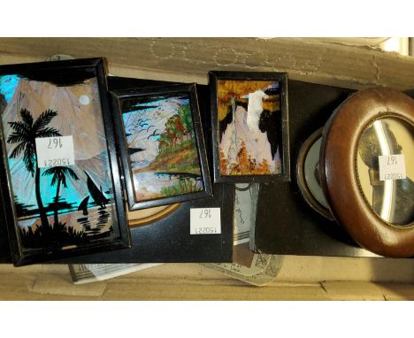 3 miniature art deco butterfly pictures, a 19th century miniature portrait; 2 miniature silhouettes, stereo cards, etc. 