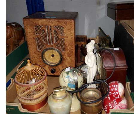 A reproduction mains radio; decorative items; carved elephants; clocks; other bric-a-brac 