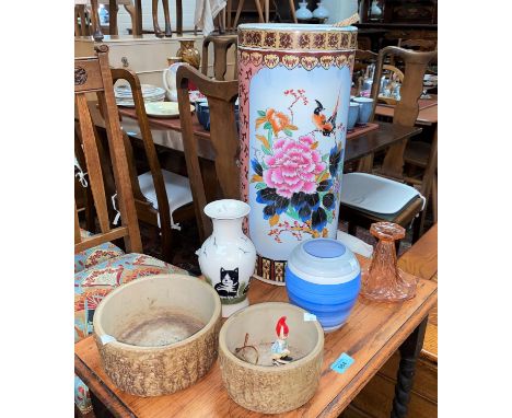 A modern Chinese ceramic stick stand decorated with birds and flowers and a jardiniere etc 