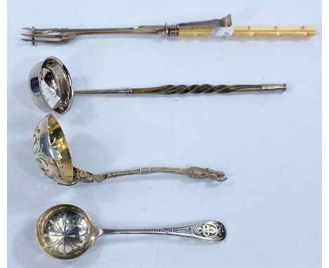 2 ornate&nbsp;hallmarked silver sifter spoons and a pickle fork; a small Georgian toddy label (unmarked)&nbsp; 