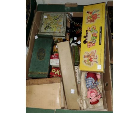 A Pelham puppet "Perkie", boxed; a selection of tins and collectables 