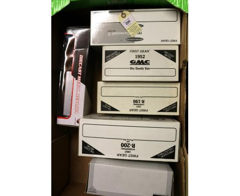 9 First Gear etc American Trucks etc, most 1/34 scale. 1952 GMC Dry Goods Van, RM Auto Finishers. 1955 Diamond T Tow Truck, D
