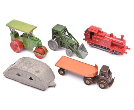 5 items by Benbros etc. A Benbros Tractor with cab, and shovel. In green with unpainted wheels and brown clothed driver. A Bu