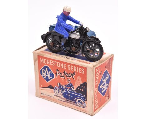 Morestone Series RAC Patrol. In black and mid blue livery, with opening box sidecar, complete with patrolman in mid blue plas