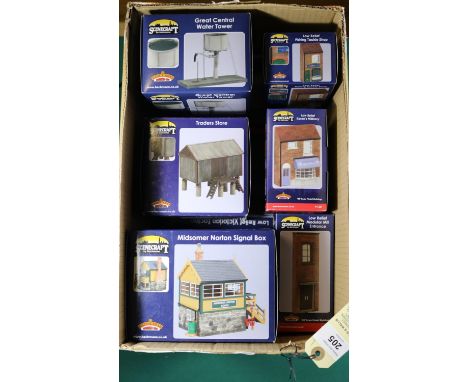 10 Bachmann Scenecraft 'OO' gauge items. The Gate Inn. Midsomer Norton Signal Box. Wooden Village Hall. Platform Subway. Low 