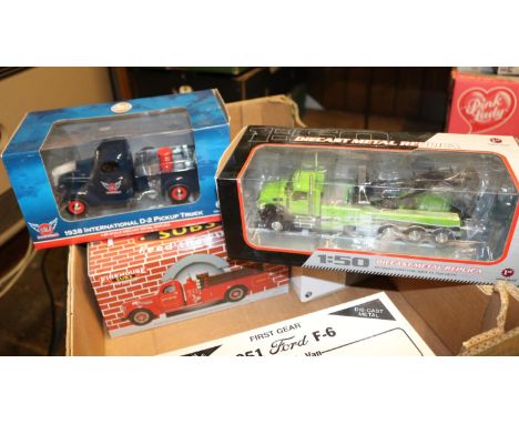 9 First Gear etc American Trucks etc, most 1/34 scale. 1955 Diamond T Tow Truck, Flying A. 1957 International R-200 Moving Va